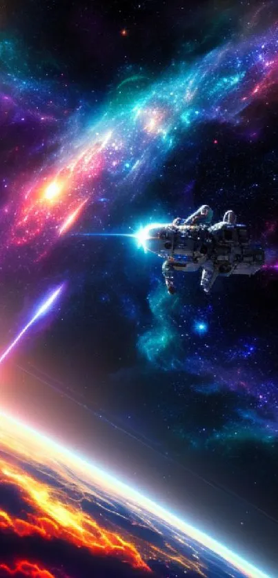 Colorful space wallpaper with a spaceship in a vibrant galaxy scene.