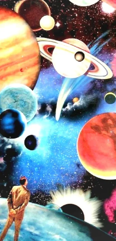 Vivid cosmic scene with planets and a person in space.