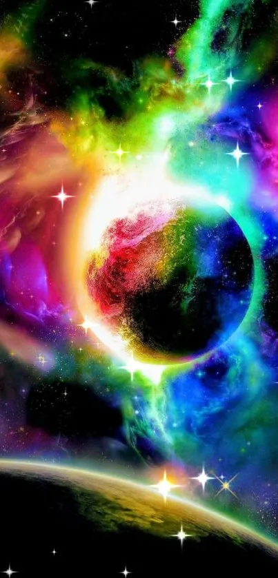 Colorful nebula surrounding planet in space wallpaper.
