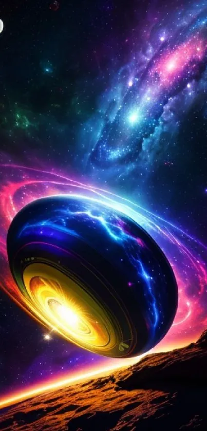 Vibrant cosmic space art wallpaper with galaxies and mystical rings.