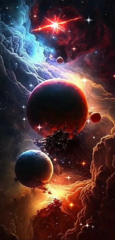 Vibrant cosmic wallpaper with planets and nebulae in space.