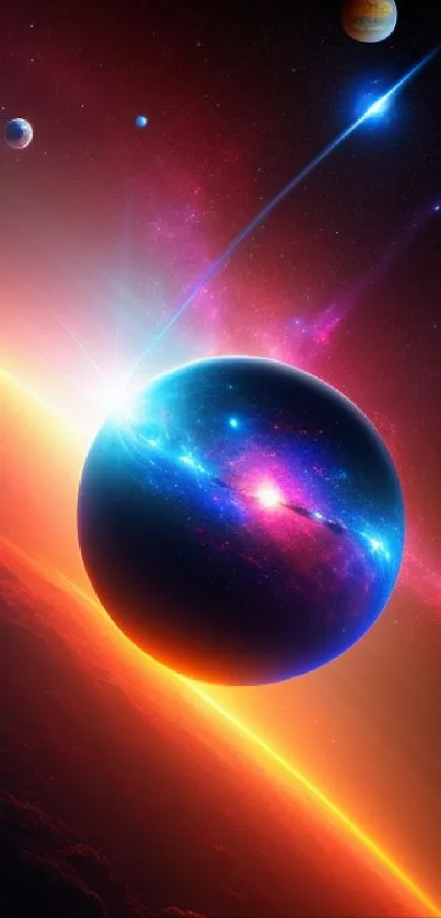 Colorful space wallpaper with planets and galaxies in vivid red and orange hues.