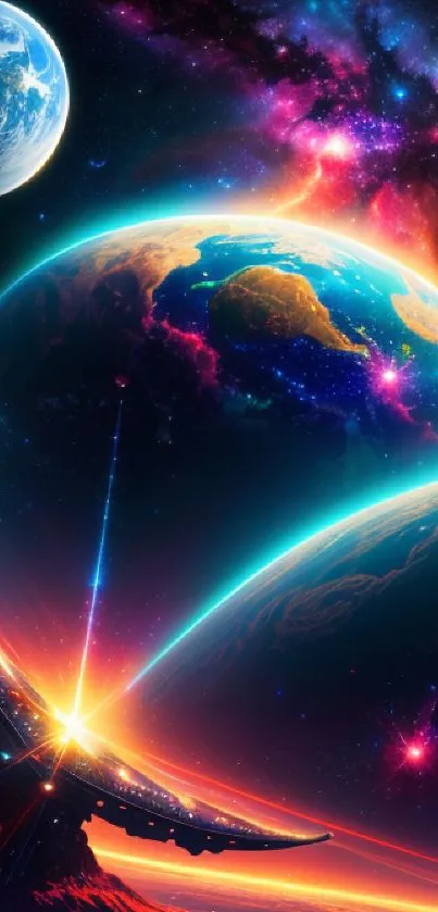 Vivid cosmic landscape with planets and colorful space scene.