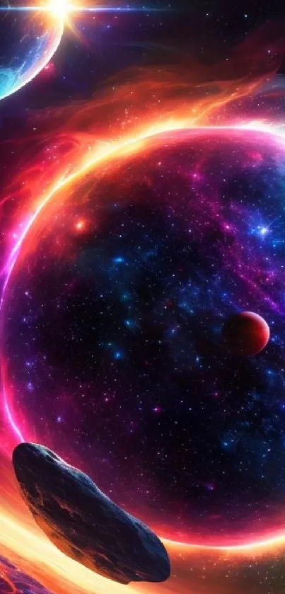 Stunning cosmic wallpaper with colorful planets and nebulas.