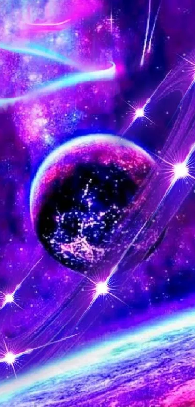 Vibrant purple cosmic wallpaper with planets and stars.