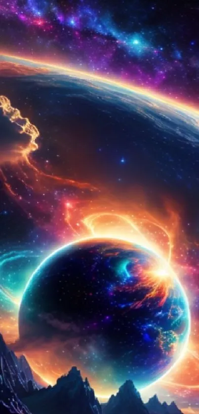 Vibrant cosmic wallpaper with glowing planets and colorful space scenery.