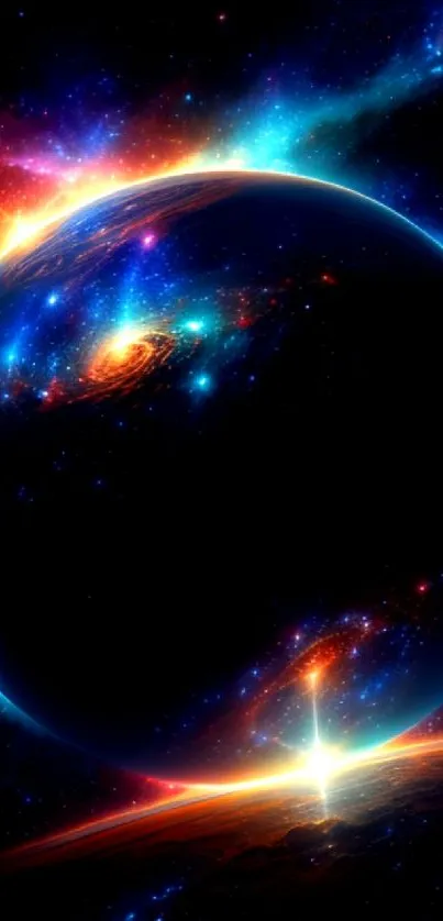 Colorful cosmic scene with planet and stars.