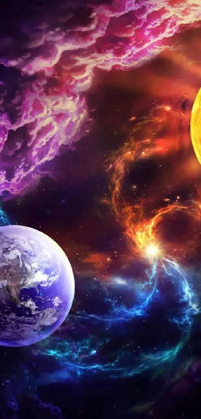Vibrant cosmic wallpaper with planets and mystical clouds.