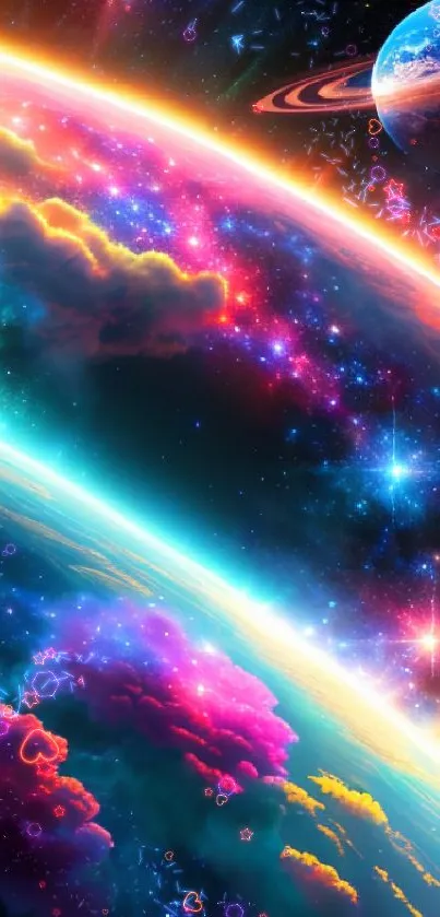 Colorful cosmic space wallpaper featuring planets and nebulas.