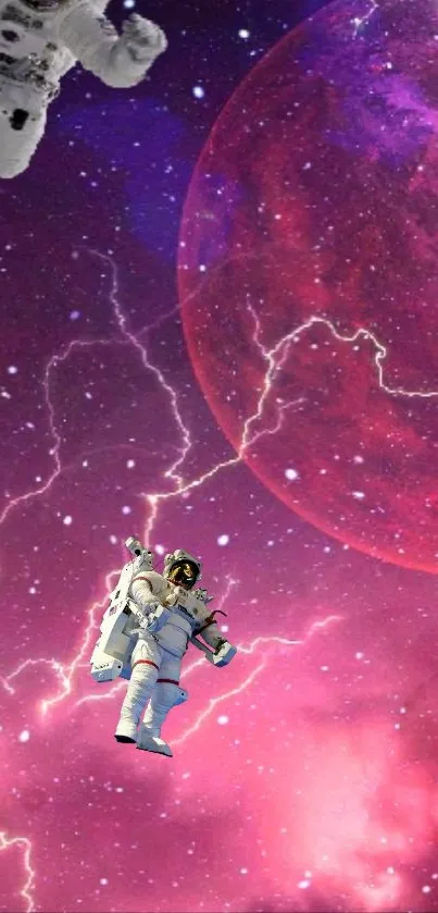 Astronaut floating near colorful planet with lightning and purple nebula.