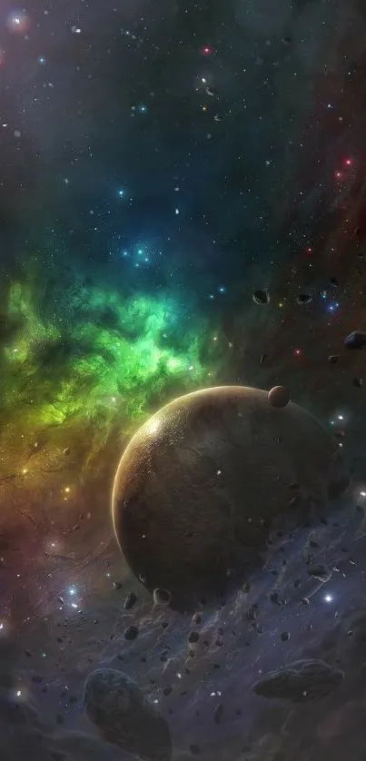 Colorful cosmic space wallpaper with planets and nebula.