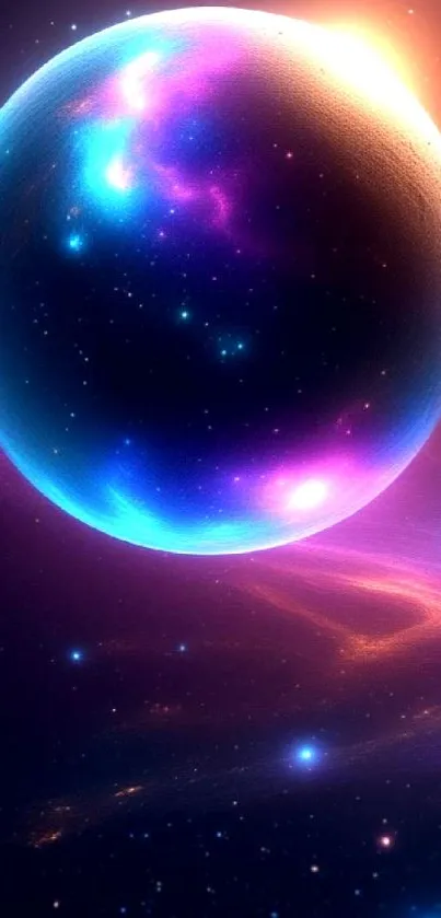 Vivid cosmic nebula with planets and stars in space.