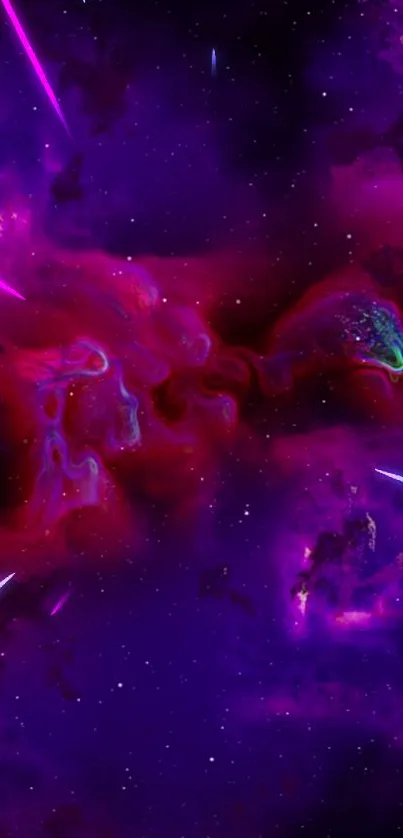 Vibrant cosmic space wallpaper with purple and red hues.