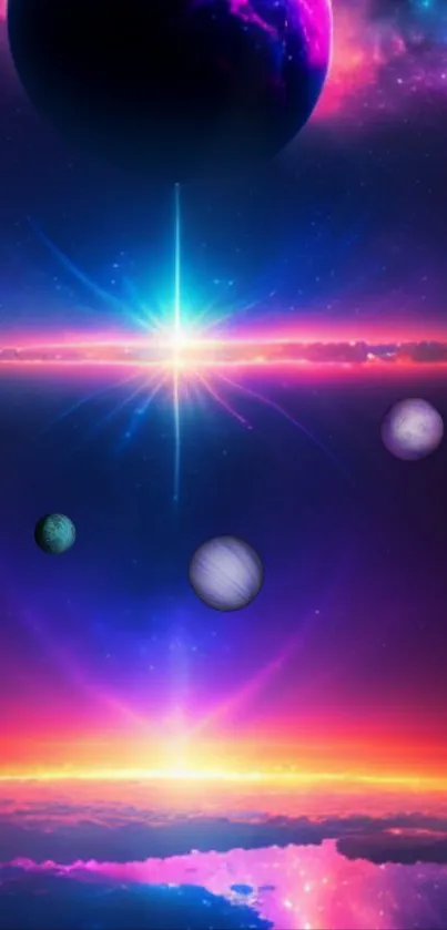 Colorful cosmic wallpaper with planets and galaxy.