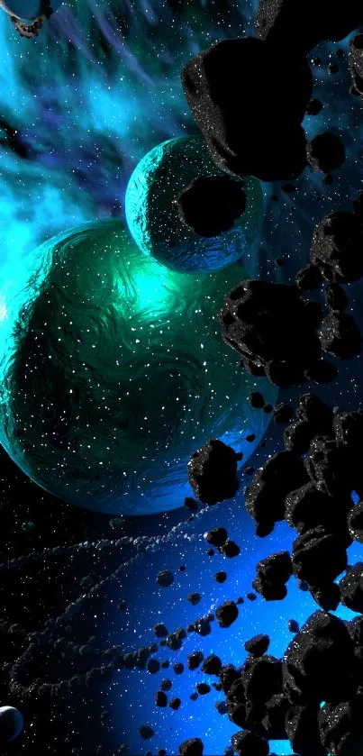 Vibrant cosmic wallpaper with planets and asteroids in blue-green hues.