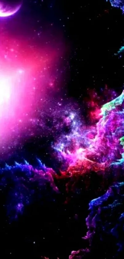 Vibrant cosmic space wallpaper with nebula and crescent moon.