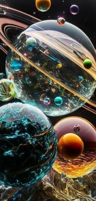 Vibrant cosmic wallpaper with colorful orbiting planets and orbs.