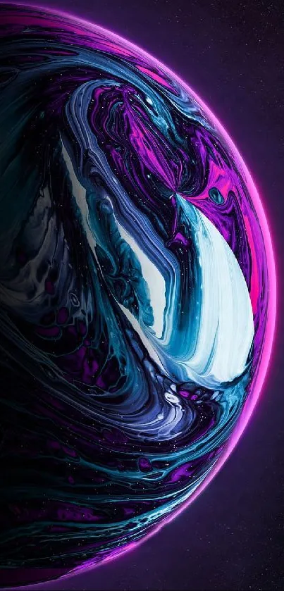 Bright cosmic sphere with vibrant pinks and blues on a phone wallpaper.