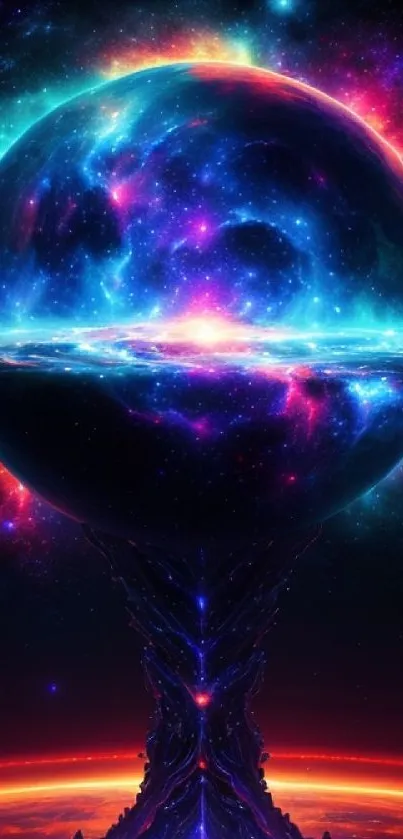 Colorful cosmic sphere with vibrant nebula background.