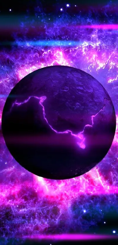 Purple energy sphere surrounded by blue and pink nebula on a mobile wallpaper.