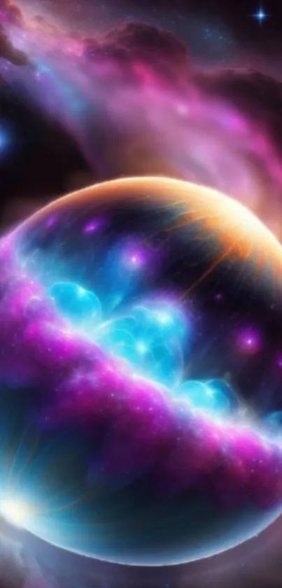 Vibrant cosmic sphere with purple and blue hues in a galaxy-themed wallpaper.