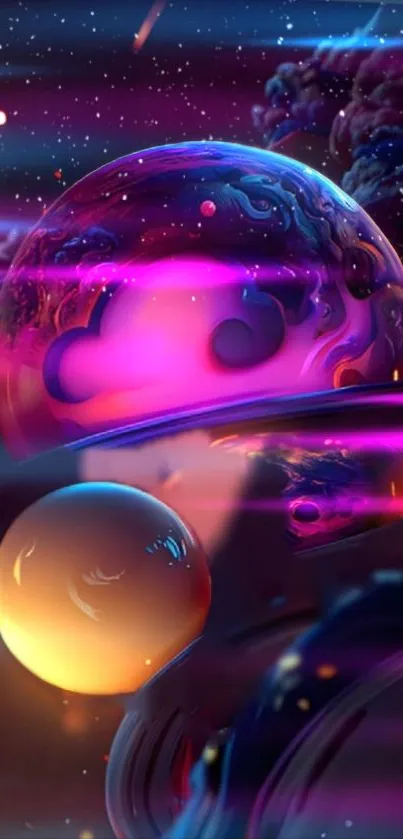 Vibrant cosmic spheres with colorful planets in space wallpaper.