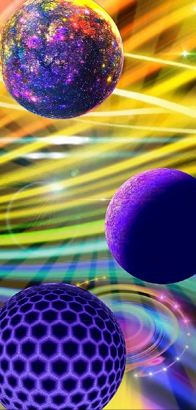 Cosmic spheres with vibrant, colorful abstract background.