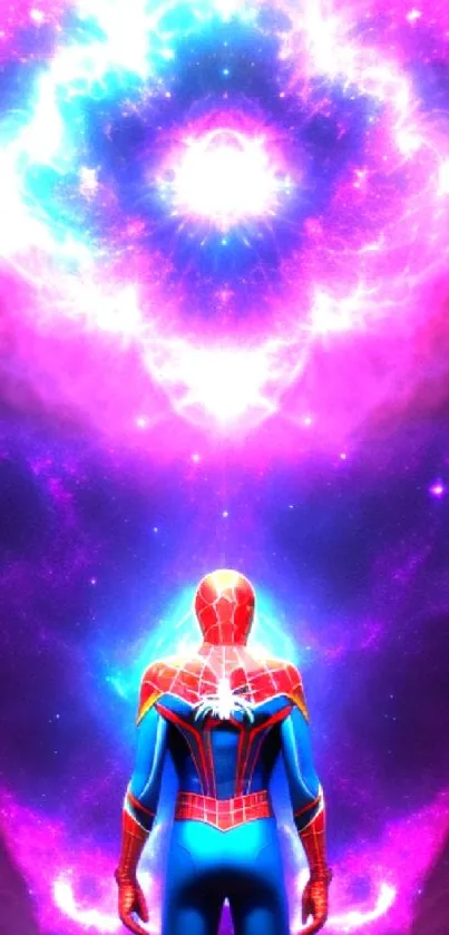 Spider-Man in a vibrant cosmic scene with energy bursts.