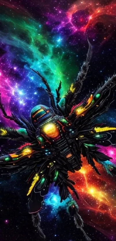 Cosmic spider in a vibrant nebula sky.
