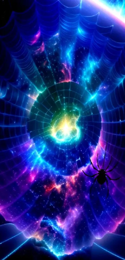 Vibrant cosmic spider web with glowing digital art in space-themed wallpaper.