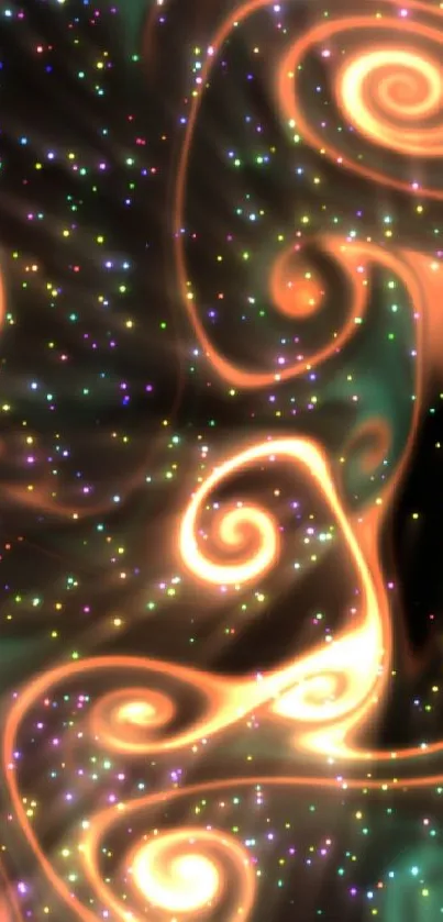 Vibrant cosmic swirl wallpaper with glowing orange spirals and stars.