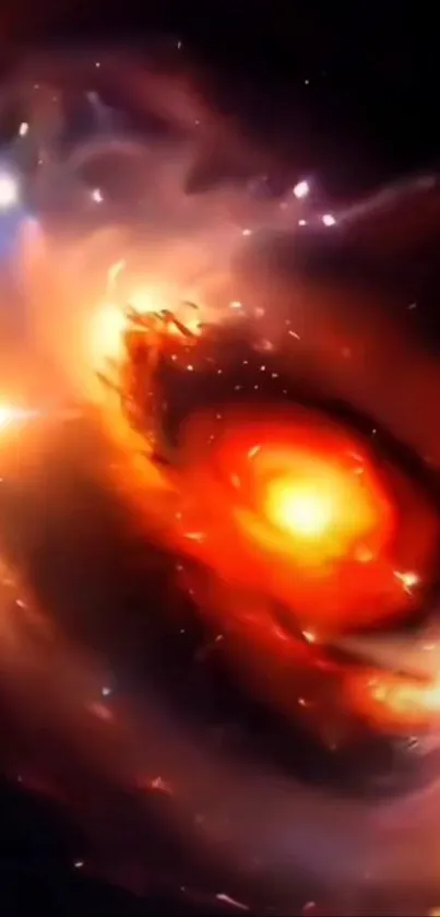 Fiery cosmic spiral with vibrant colors.