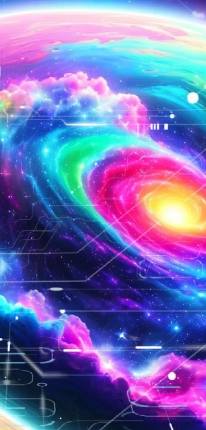 Colorful cosmic spiral with vibrant hues and celestial glow, featuring galaxy and nebula.