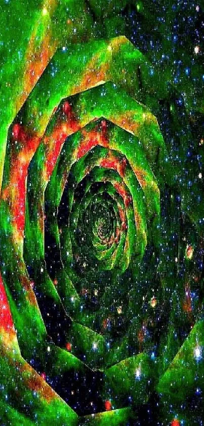 Vibrant green and red cosmic spiral wallpaper with a starry galaxy background.