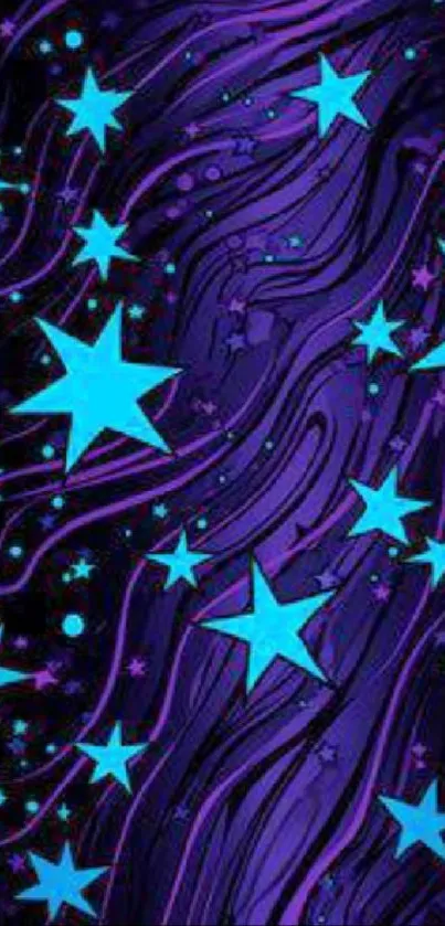 Vibrant wallpaper with blue stars on a swirling purple background.