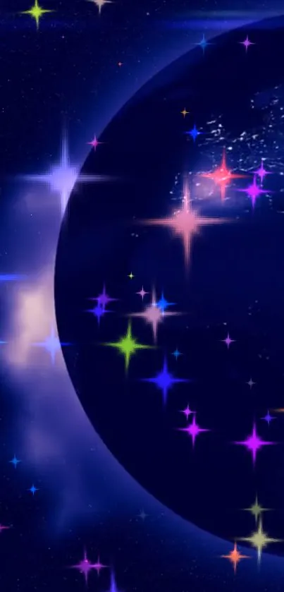 Vibrant cosmic wallpaper with colorful stars against a dark blue background.