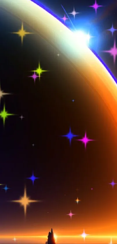 Vibrant cosmic wallpaper with colorful stars and a glowing planet.