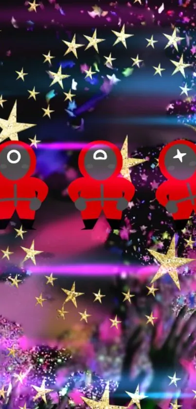 Red astronauts with stars on cosmic wallpaper