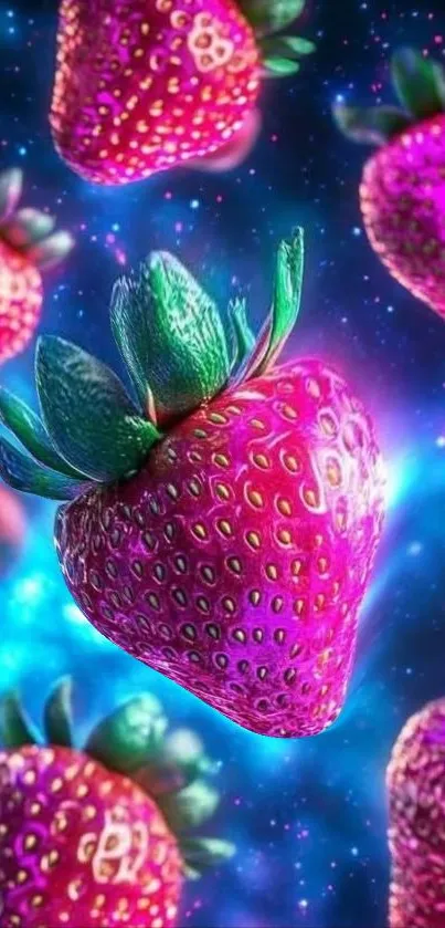 Vibrant cosmic strawberries against a galaxy backdrop.