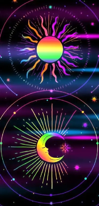 Vibrant cosmic sun and moon illustration in colorful gradients.