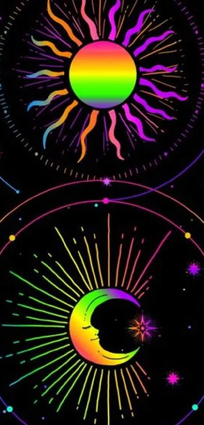 Neon cosmic wallpaper with sun and moon design.