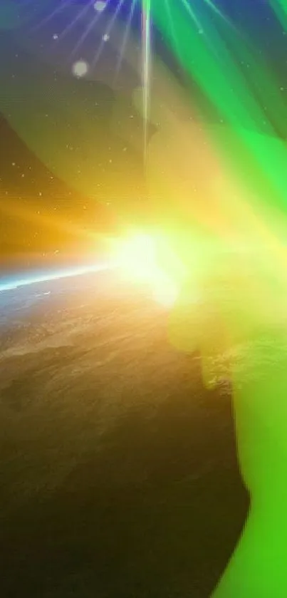 Vibrant cosmic sunrise with green aurora and golden light from space.