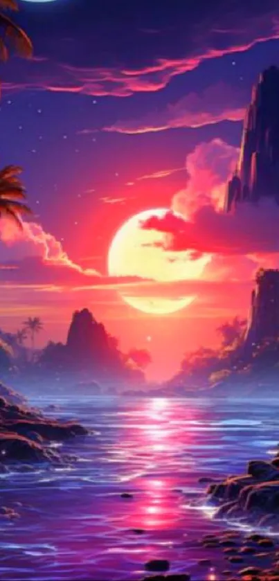 Cosmic sunset with moon and palm trees over water.