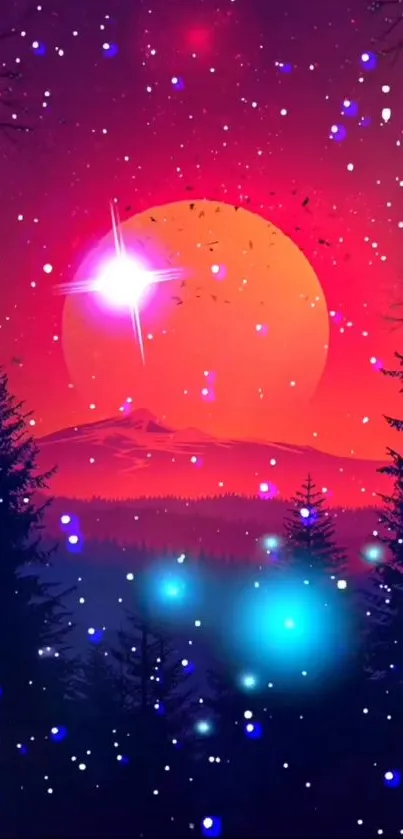 Vibrant cosmic sunset with trees and glowing stars.