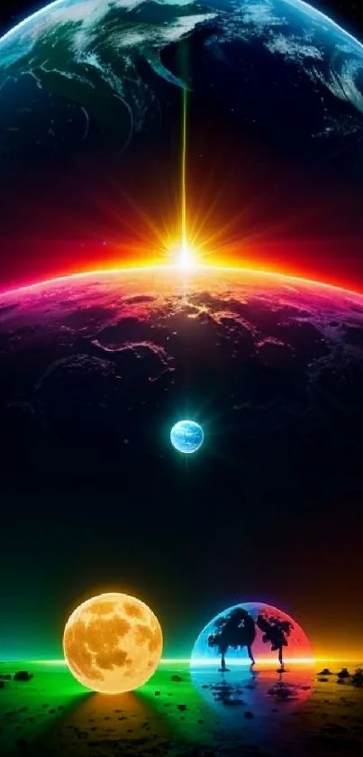 Vibrant cosmic scene with planets and radiant sunrise art.
