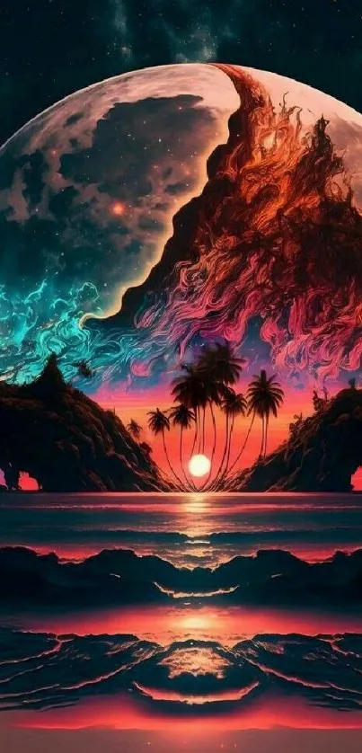 Vibrant cosmic sunset with palms and a fiery sky.