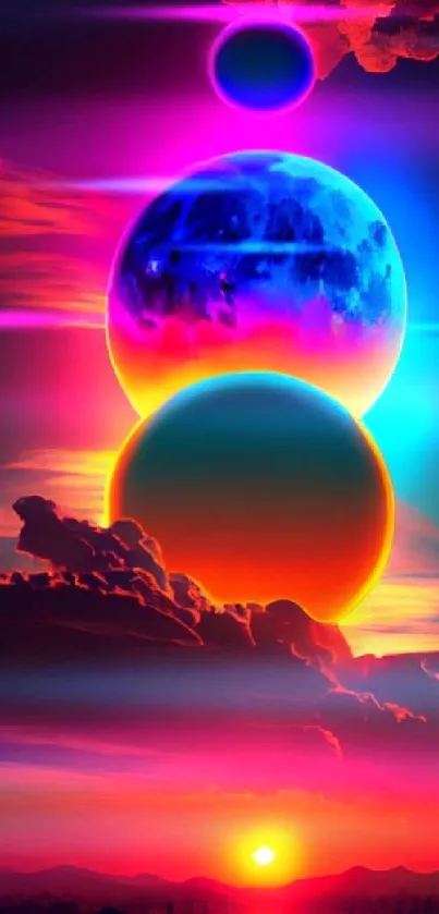 Vibrant cosmic sunset with planets and clouds in a colorful sky.