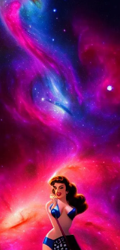 Vibrant cosmic superhero in a colorful nebula background.