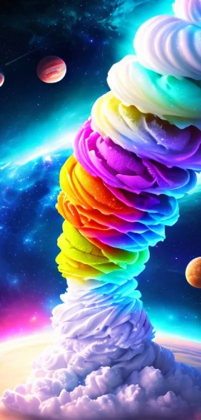 Colorful swirl art with planets and clouds against a cosmic blue background.