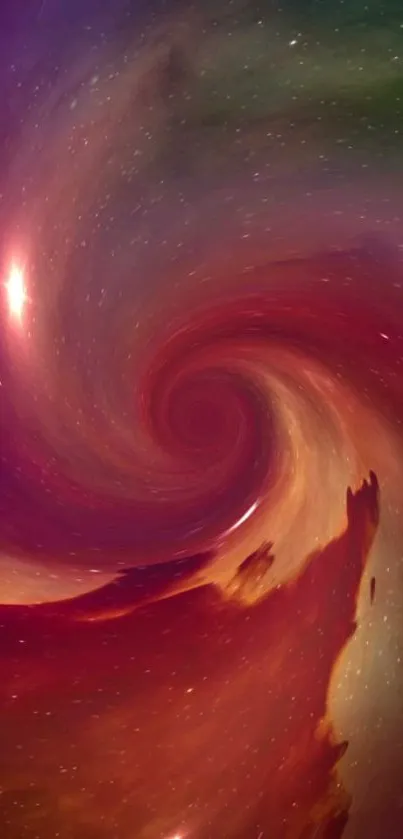 Vibrant cosmic swirl mobile wallpaper with red and purple tones.